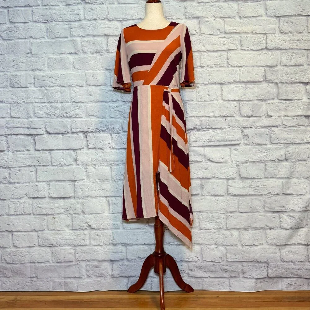 A.U.W. Orange & Maroon Colorblock Asymmetrical Dress - Picture 1 of 6